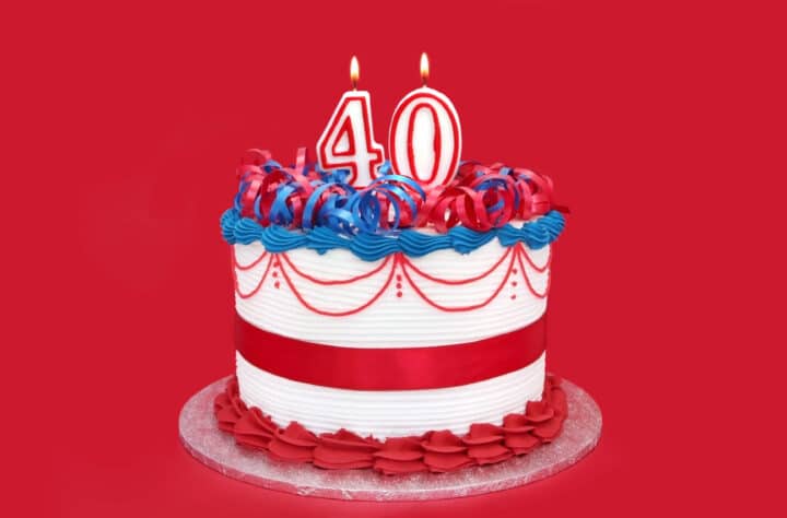 Birthday cake with two candles that write the number 40