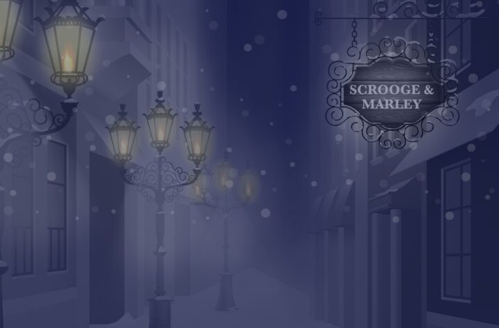 Cartoon of Victorian street with lamplights, in the snow, with a handing sign that reads 'Scrooge & Marley'