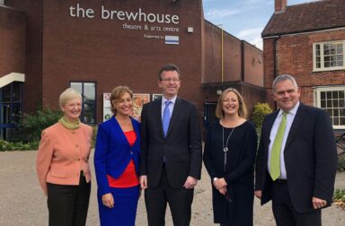 Val Hammond (Chair Taunton Theatre Association), Rebecca Pow MP, Jeremy Wright QC MP, Vanessa Lefrancois (Chief Executive of TTA), Cllr Mark Edwards (Deputy Leader, TDBC). Stood in a row in front of The Brewhouse